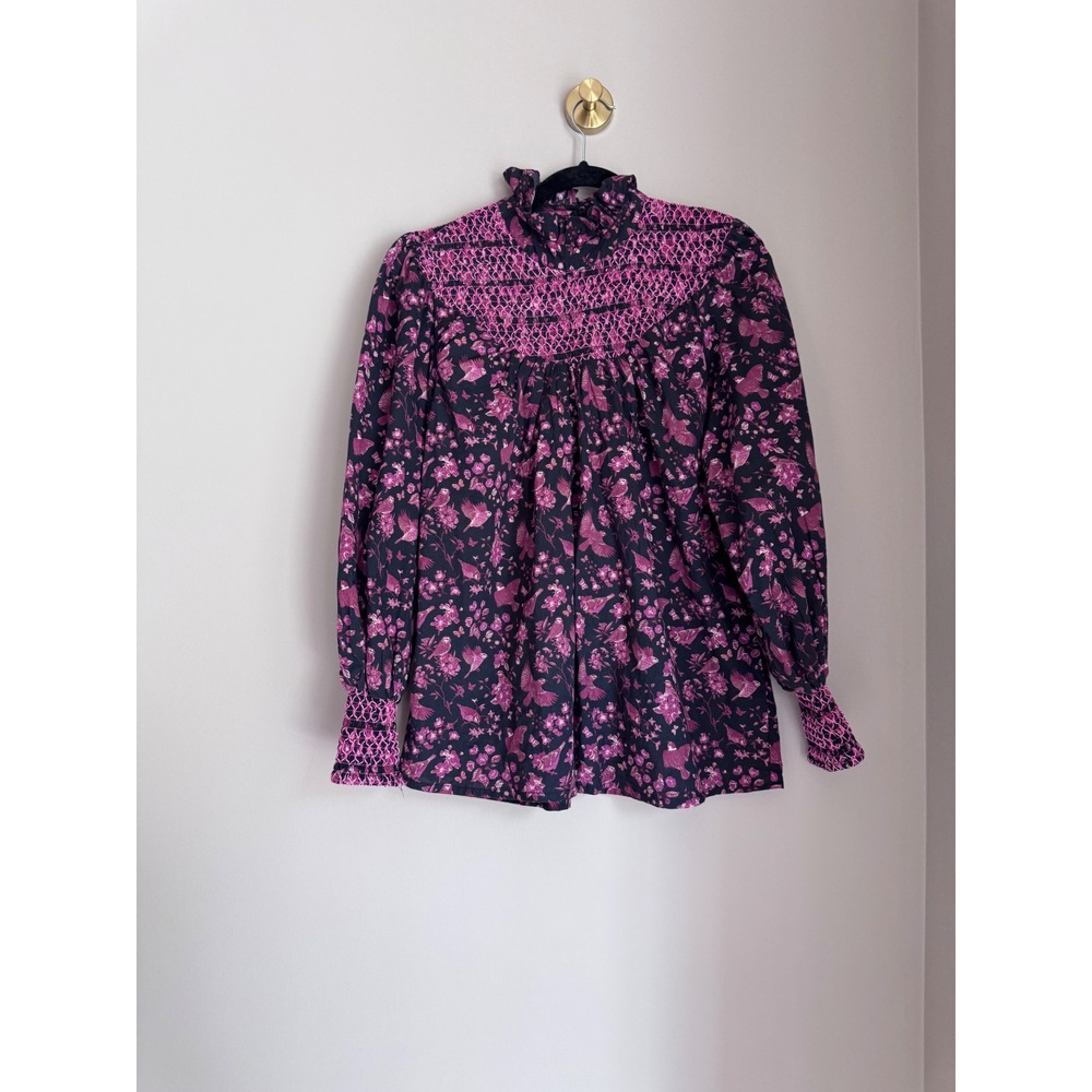Victoria Dunn Smocked Coquette Blouse Pink Bird Floral Print Cotton Top Medium